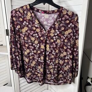 Vince Camuto Top Womens Large Burgundy Multi Floral V Neck Pullover‎ Blouse EUC!